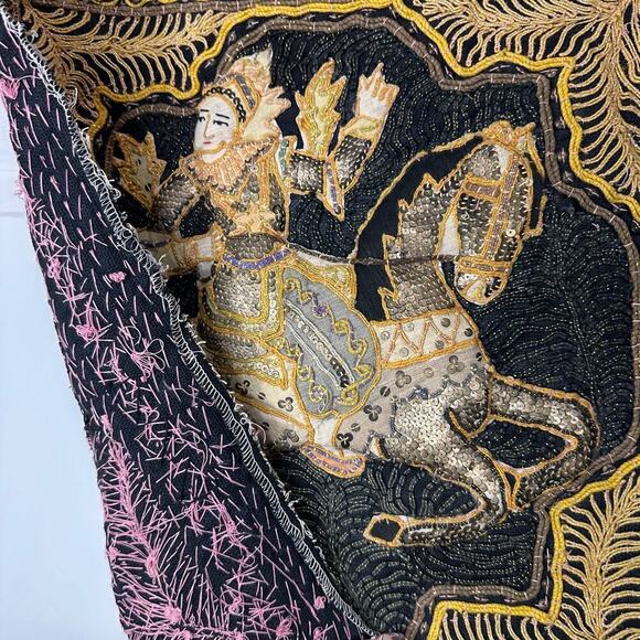 Antique Burmese Kalaga Embroidered Hand Sewn Horse Tapestry Flawed - Picture 10 of 14